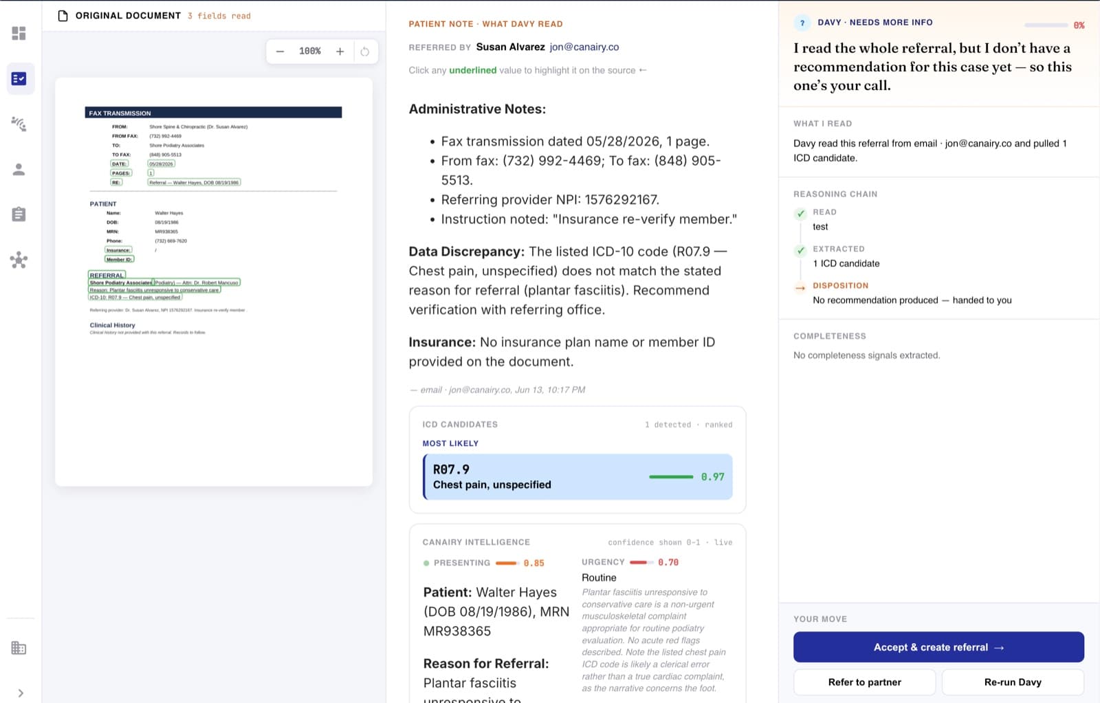 Canairy interface showing a faxed referral beside an AI-extracted patient note and referral recommendation