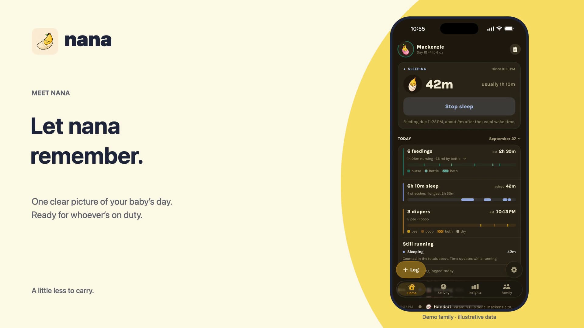 nana baby tracker showing the last feed, sleep and diaper at a glance
