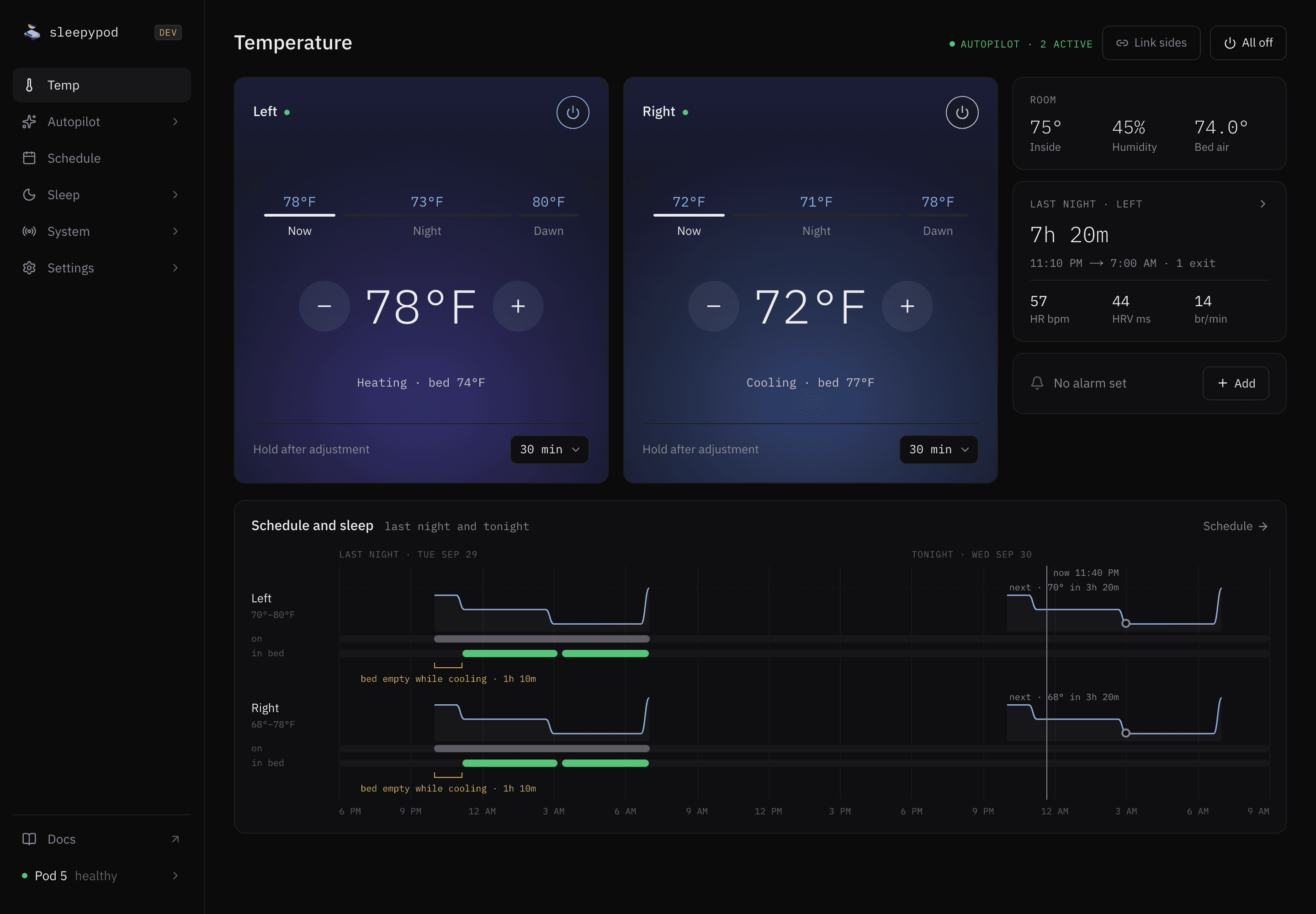 Sleepypod dashboard with per-side temperature controls and overnight schedules